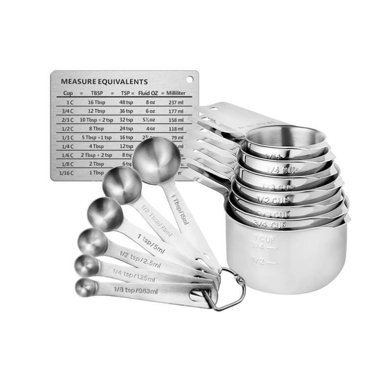 Kitchen Gadgets for Cooking 304 Stainless Steel Measuring Cup & Spoon 7 Cups 6 Spoons with Conversion Chart Baking Measurement Set