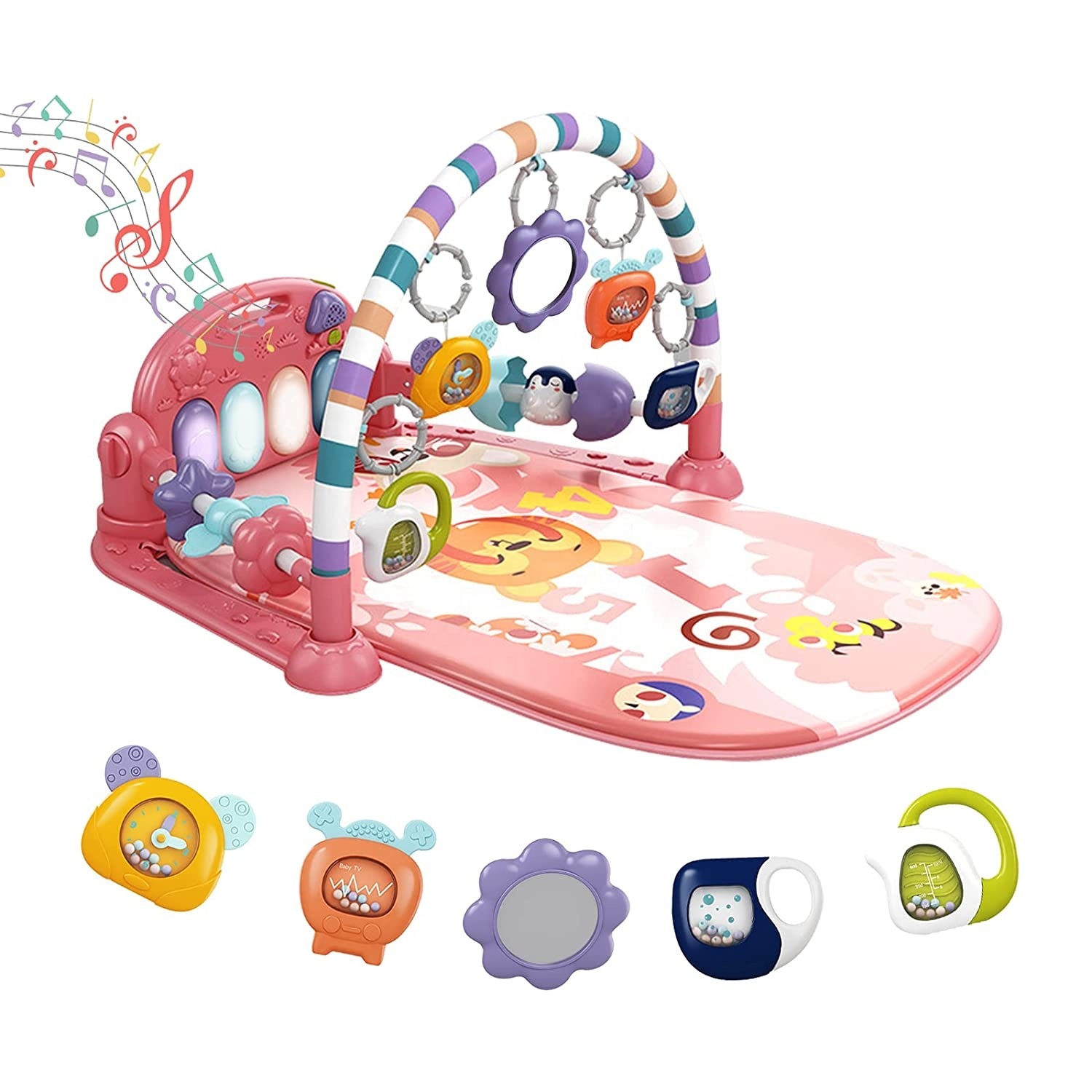 Baby Gym Play Mat Kick and Play Piano Gym with 5 Sensory Teether Toys Musical Activity Center Early Development Gift for Newborn Babies